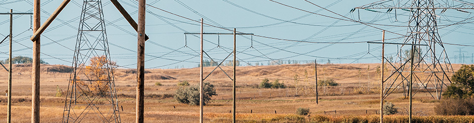 Power poles and lines throughout a prairie field.