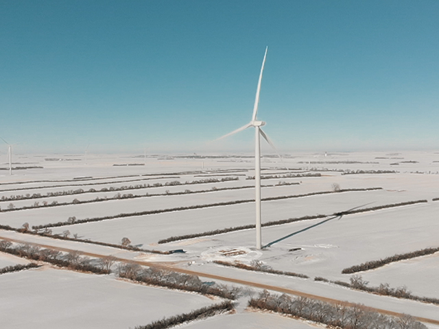 A wind turbine in a field with snow.